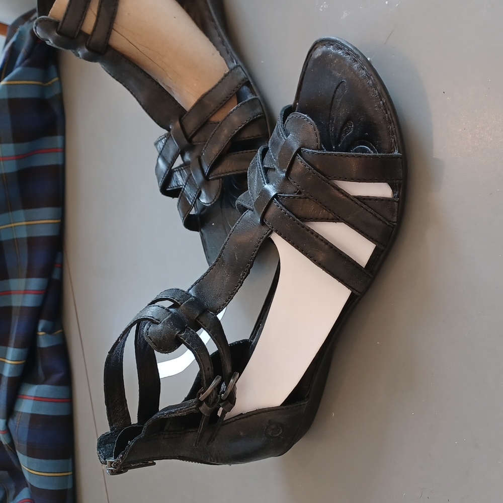 Black Leather Born easy back zip ankle flat sandal with comfort footbed.